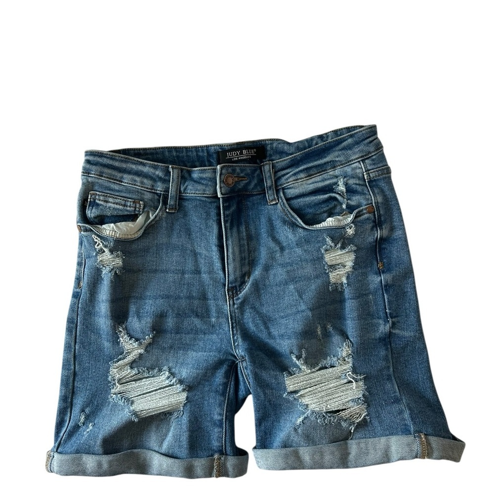 Judy Blue High Rise Distressed Bermuda Jean Shorts Large